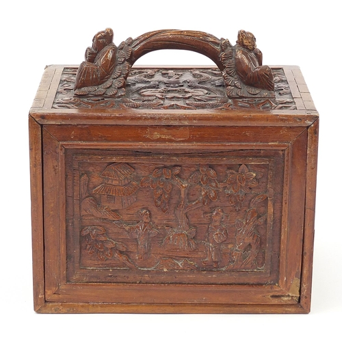 335 - Bone and bamboo Mah-jong set housed in a carved wooden box with figures and dragons