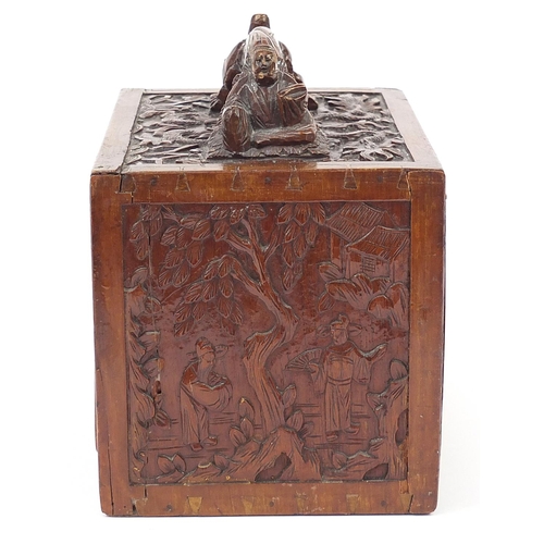 335 - Bone and bamboo Mah-jong set housed in a carved wooden box with figures and dragons