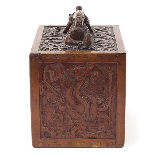 335 - Bone and bamboo Mah-jong set housed in a carved wooden box with figures and dragons