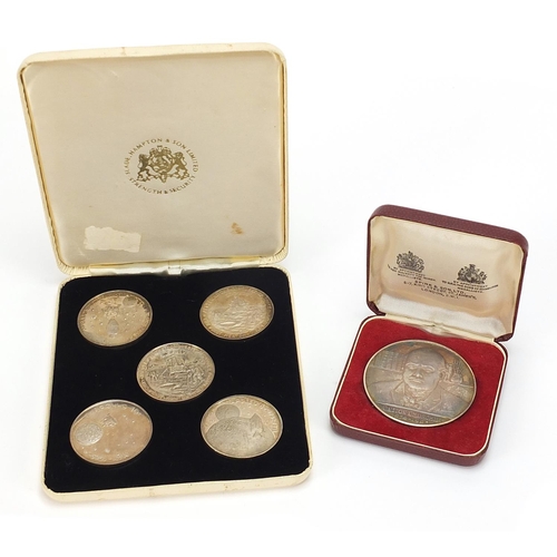 2549 - Commemorative silver metal medallions including Winston Churchill and five Apollo 11