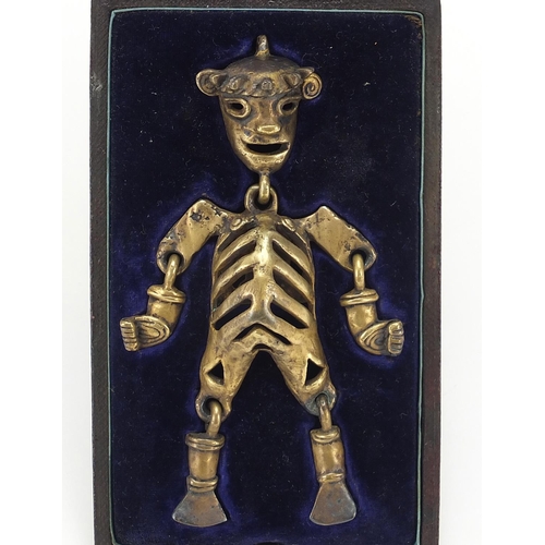 300 - Antique bronze articulated model/pendant of a man housed in a fitted leather case, 12cm high