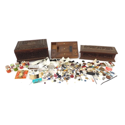 216 - Burmese sandalwood sewing box and a rectangular casket, each finely carved with mythical figures and... 