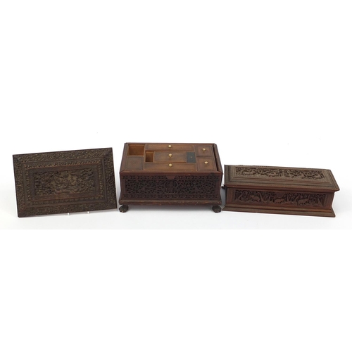 216 - Burmese sandalwood sewing box and a rectangular casket, each finely carved with mythical figures and... 