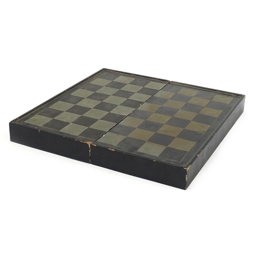 73 - Chinese black lacquered folding chess board, 42cm x 42cm when open