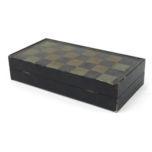 73 - Chinese black lacquered folding chess board, 42cm x 42cm when open