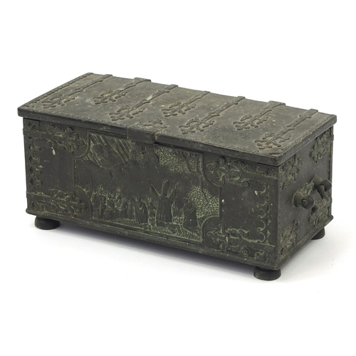 282 - Antique style Danish iron art casket with twin handles, 9cm H x 20cm W x 10cm D