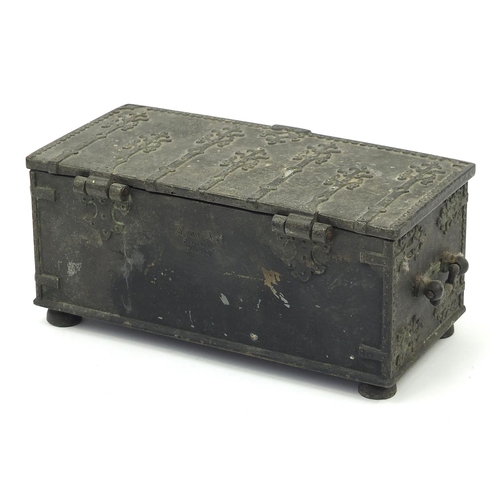 282 - Antique style Danish iron art casket with twin handles, 9cm H x 20cm W x 10cm D