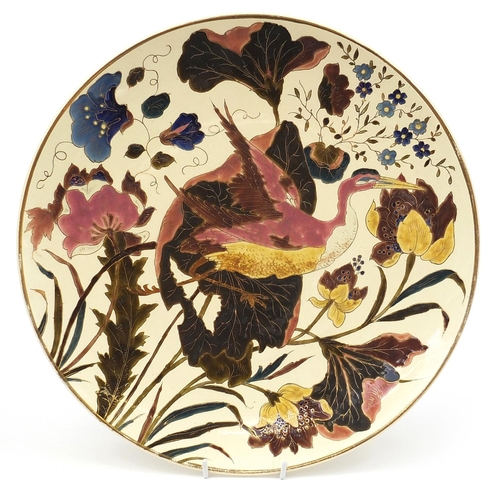 401 - Continental ceramic wall plaque hand painted with a bird and flowers, possibly by Zsolnay Pecs, 38.5... 
