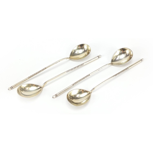 2334 - Set of four Russian silver spoons, indistinct hallmarks, 14cm in length, 51.2g