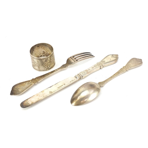 2425 - Victorian silver four piece christening set comprising knife, fork, spoon and napkin ring housed in ... 