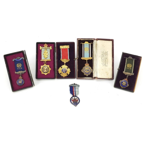 2550 - Six RAOB enamelled jewels with ribbons, some silver, awarded to Bro Sidney E Russell, including Role... 