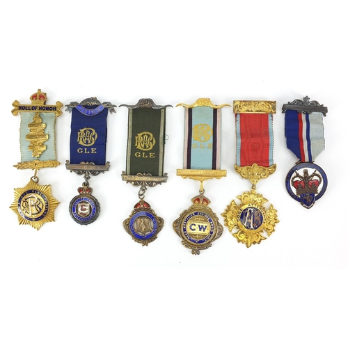 2550 - Six RAOB enamelled jewels with ribbons, some silver, awarded to Bro Sidney E Russell, including Role... 