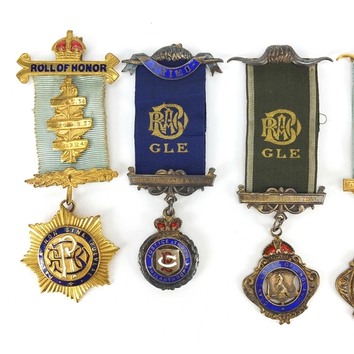 2550 - Six RAOB enamelled jewels with ribbons, some silver, awarded to Bro Sidney E Russell, including Role... 