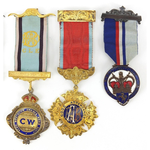 2550 - Six RAOB enamelled jewels with ribbons, some silver, awarded to Bro Sidney E Russell, including Role... 