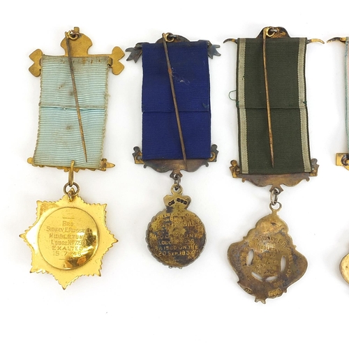 2550 - Six RAOB enamelled jewels with ribbons, some silver, awarded to Bro Sidney E Russell, including Role... 