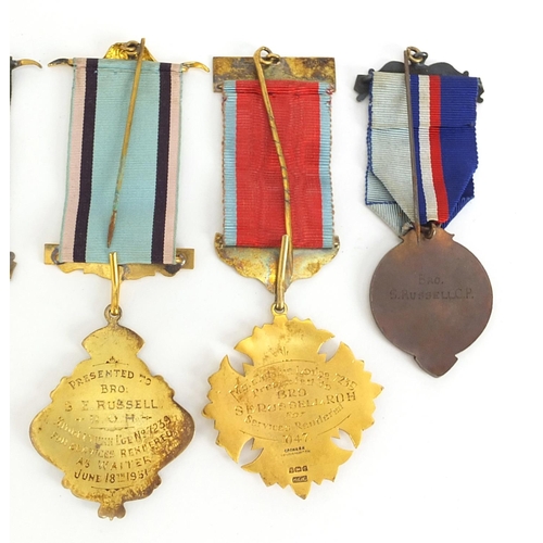 2550 - Six RAOB enamelled jewels with ribbons, some silver, awarded to Bro Sidney E Russell, including Role... 