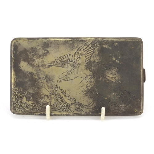 69 - Chinese silver cigarette case engraved with a bird of prey above waves, character marks to the inter... 