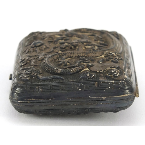 68 - Chinese unmarked silver cigarette case embossed with warriors on horseback and a dragon chasing a fl... 