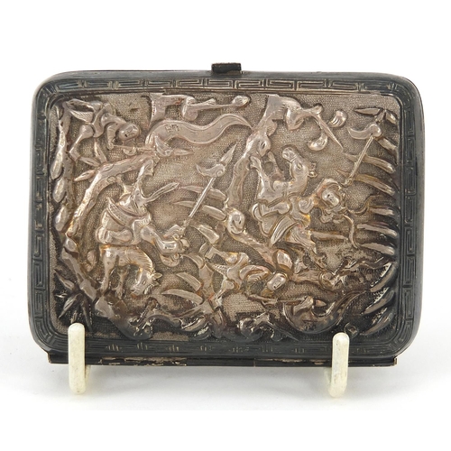 68 - Chinese unmarked silver cigarette case embossed with warriors on horseback and a dragon chasing a fl... 