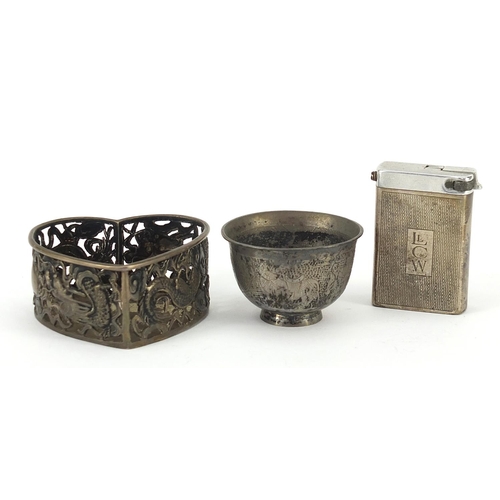 70 - Chinese silver objects comprising pierced love heart box decorated with dragons, salt engraved with ... 