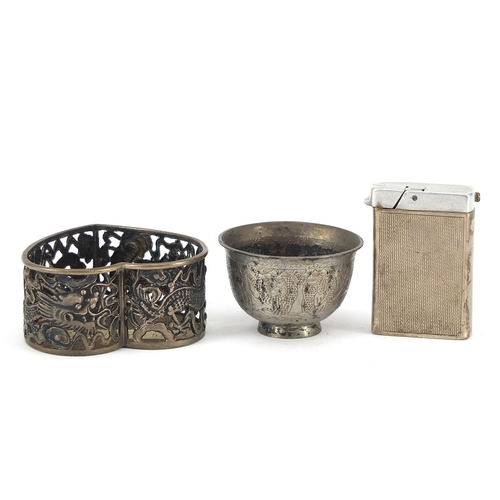 70 - Chinese silver objects comprising pierced love heart box decorated with dragons, salt engraved with ... 