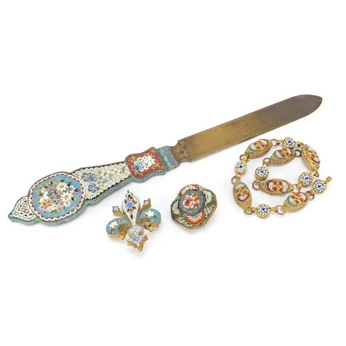 306 - Micro mosaic to include letter opener, bracelet, two brooches, one styled in the fleur de Lys, the l... 