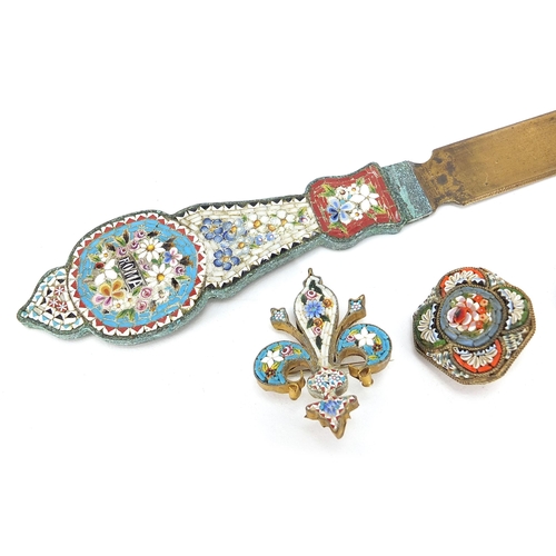 306 - Micro mosaic to include letter opener, bracelet, two brooches, one styled in the fleur de Lys, the l... 