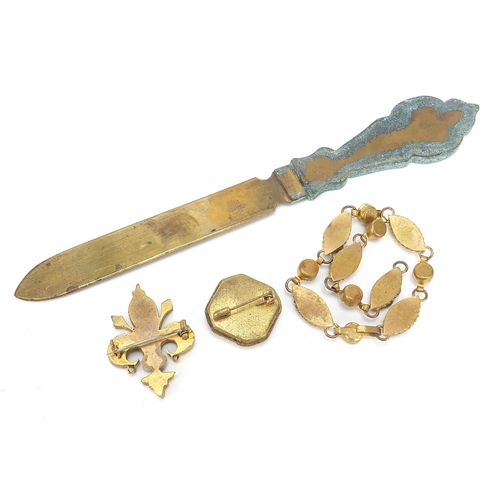 306 - Micro mosaic to include letter opener, bracelet, two brooches, one styled in the fleur de Lys, the l... 