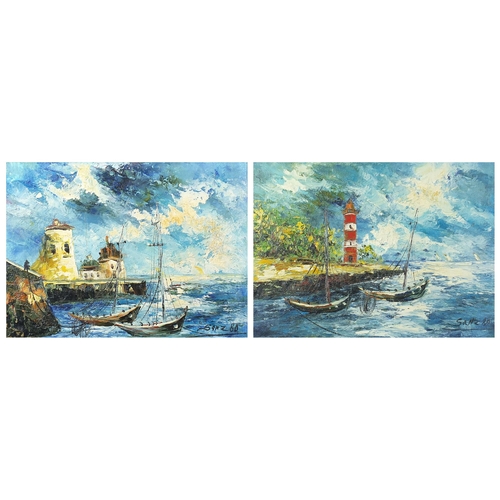 1632 - Moored fishing boats before lighthouses, pair of continental school oil on canvasses, each signed Sa... 