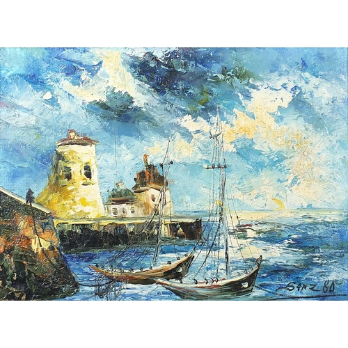 1632 - Moored fishing boats before lighthouses, pair of continental school oil on canvasses, each signed Sa... 