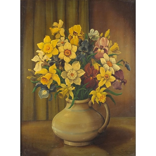 495 - Still life daffodils and tulips in a vase, pair of oil on boards, framed, each 54cm x 41cm excluding... 