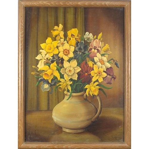 495 - Still life daffodils and tulips in a vase, pair of oil on boards, framed, each 54cm x 41cm excluding... 