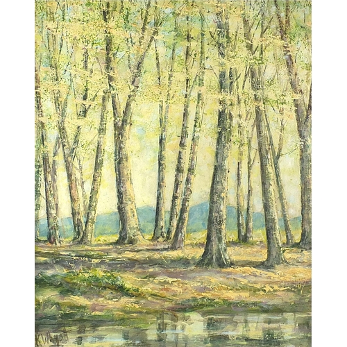 651 - K Whyatt - Birches, oil on board, mounted and framed, 57cm x 47cm excluding the mount and frame