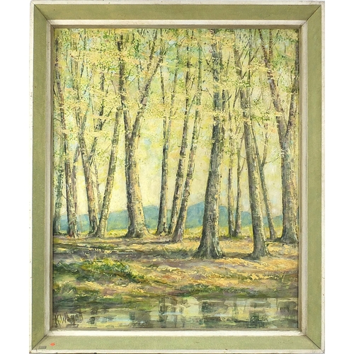 651 - K Whyatt - Birches, oil on board, mounted and framed, 57cm x 47cm excluding the mount and frame