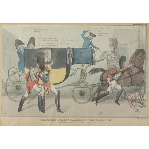 649 - The Horse Guards carried by a 'coup de main', 19th century satirical print in colour, mounted, frame... 