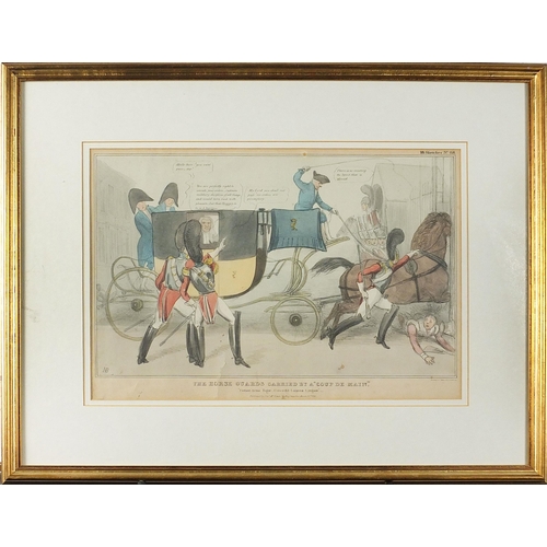 649 - The Horse Guards carried by a 'coup de main', 19th century satirical print in colour, mounted, frame... 