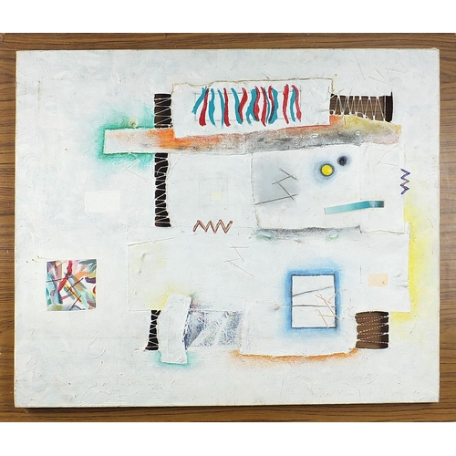 1637 - Abstract composition, geometric shapes, mixed media and collage on canvas mounted on board, 72.5cm x... 