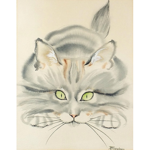 648 - Sandra Finkenberg - Portrait of a cat, New York watercolour, details verso, mounted, framed and glaz... 