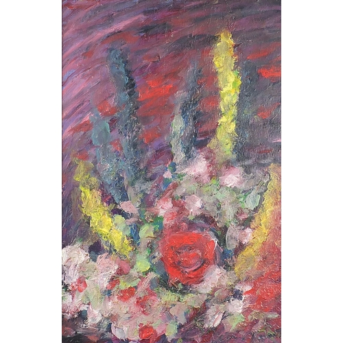 647 - Abstract composition, flowers, oil on canvas, The Rowley Gallery, Kensington label verso, mounted an... 