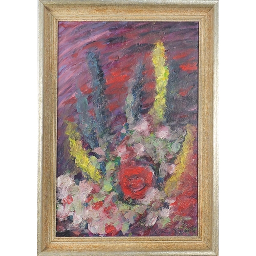 647 - Abstract composition, flowers, oil on canvas, The Rowley Gallery, Kensington label verso, mounted an... 