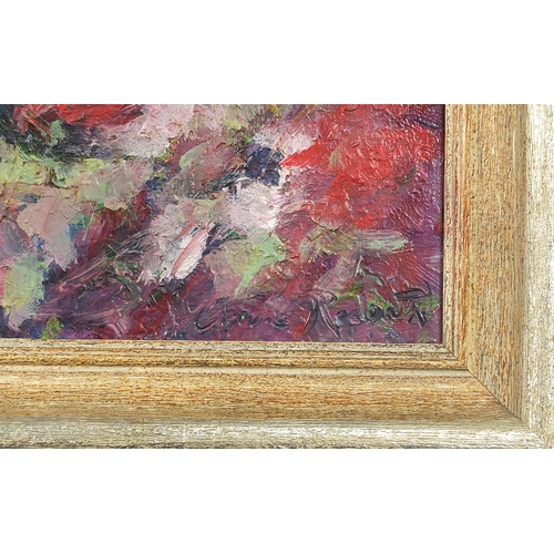 647 - Abstract composition, flowers, oil on canvas, The Rowley Gallery, Kensington label verso, mounted an... 