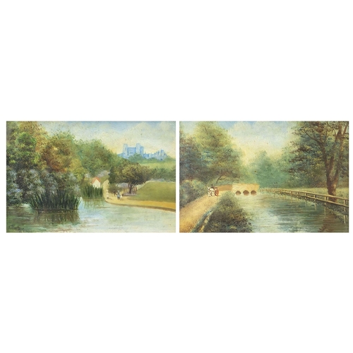 717 - Horse and cart beside a canal and figures beside a pond, pair of early 20th century oils, each signe... 