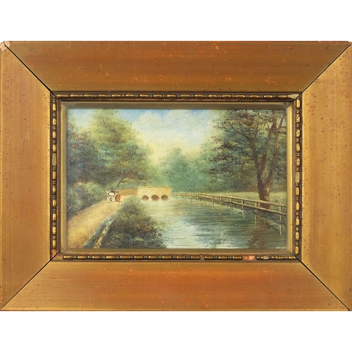 717 - Horse and cart beside a canal and figures beside a pond, pair of early 20th century oils, each signe... 