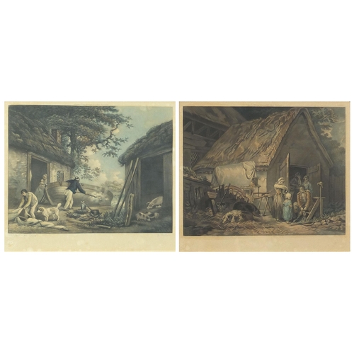 1636 - George Morland - Tarring the boat and figures before a barn, pair of prints in colour, one pencil si... 