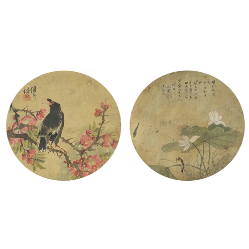 95 - Birds of paradise amongst flowers, two Chinese circular watercolours on silk, each with character ma... 