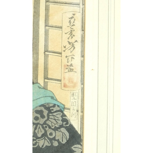 101 - Geisha girl in an interior, Japanese woodblock print with character marks, Stacy-Marks Gallery label... 