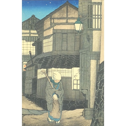 103A - Moonlit landscapes, set of three Japanese woodblock prints, mounted, framed and glazed, each 36.5cm ... 