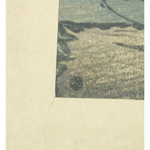 103A - Moonlit landscapes, set of three Japanese woodblock prints, mounted, framed and glazed, each 36.5cm ... 