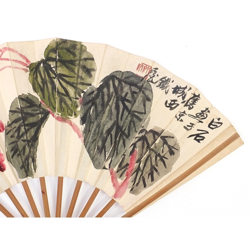 87 - Attributed to Qi Baishi - Bee and Malus Halliana, Chinese ink and watercolour fan, 46cm wide