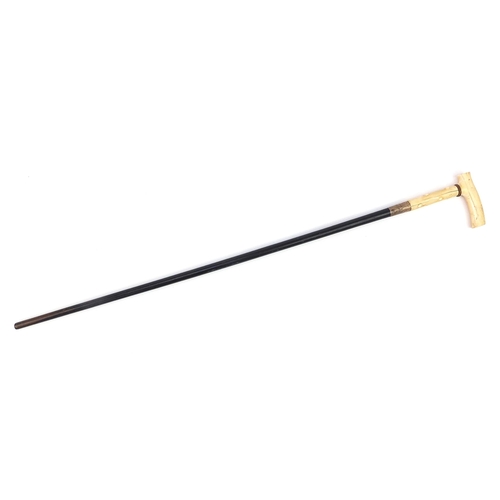 320 - Ebonised walking stick with ivory handle and silver collar concealing a corkscrew, 87cm in length